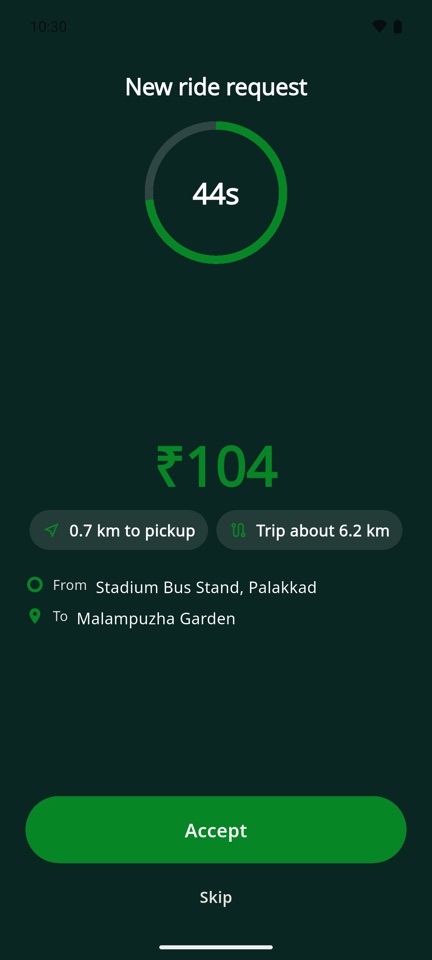 RK Captain app: a new ride request with the fare and distance